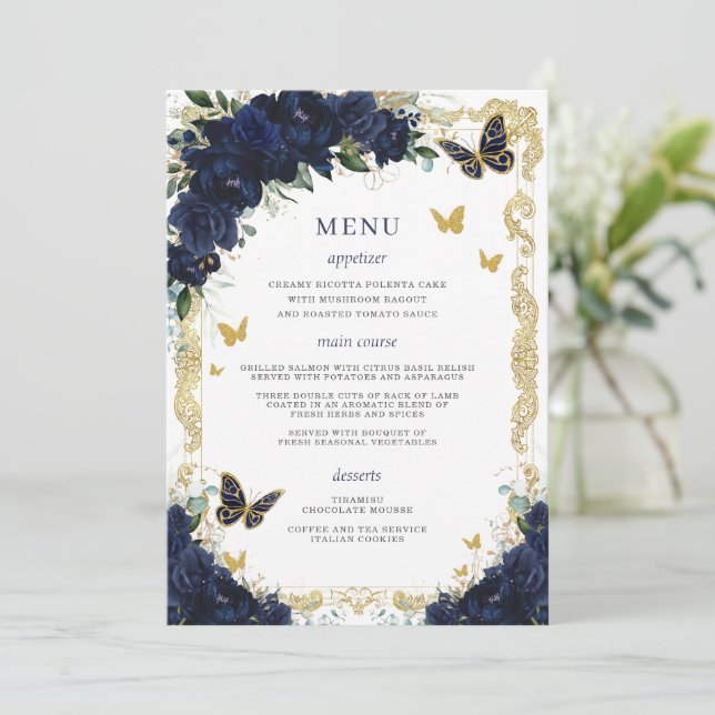 Navy Blue Floral Gold Butterflies Quinceanera  Programme (Standing Front)