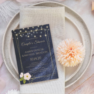 Navy Blue Floral Gold Frame Couple's Shower Invitation