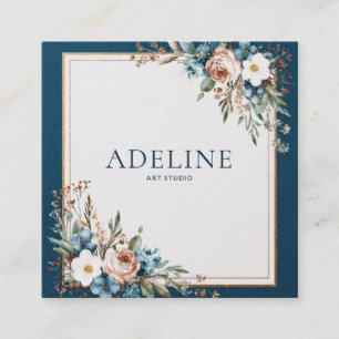 Navy Blue Floral Gold Frame Watercolor Rustic Square Business Card