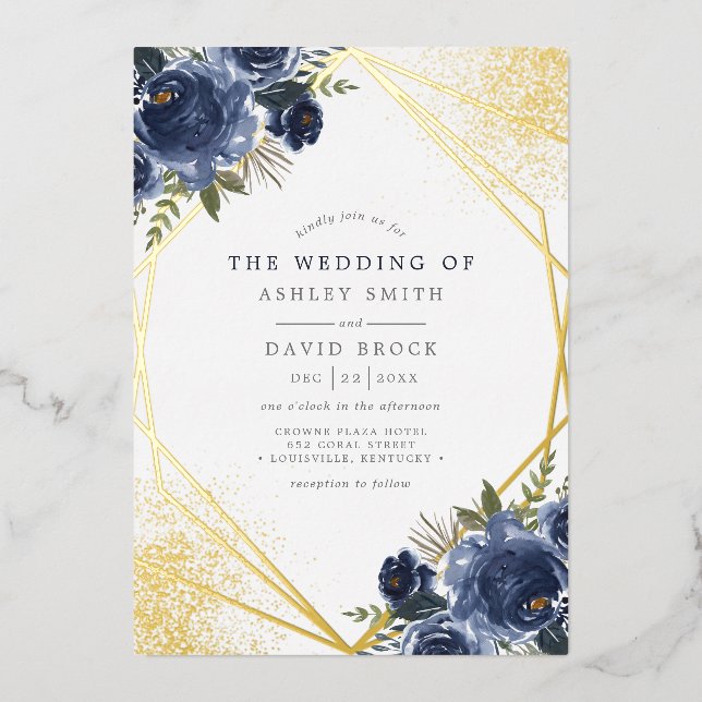 Navy Blue Floral Gold Geometric Modern Wedding (Front)