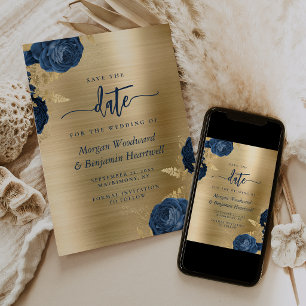Navy Blue Floral Gold Glam Wedding Save the Date Invitation