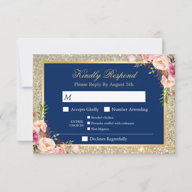 Navy Blue Floral Gold Glitter Entree Menu RSVP (Front)