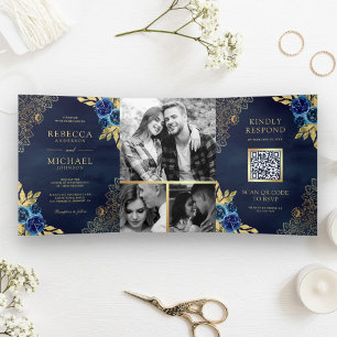 Navy Blue Floral Gold Lace QR Code Wedding Tri-Fold Invitation