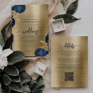 Navy Blue Floral Gold Metallic QR Code Wedding Invitation