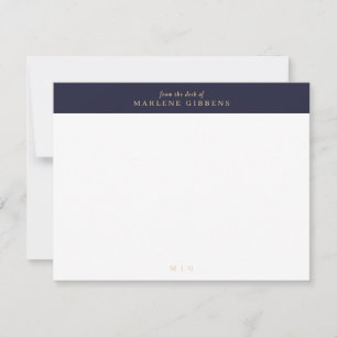Navy blue floral gold monogram note card