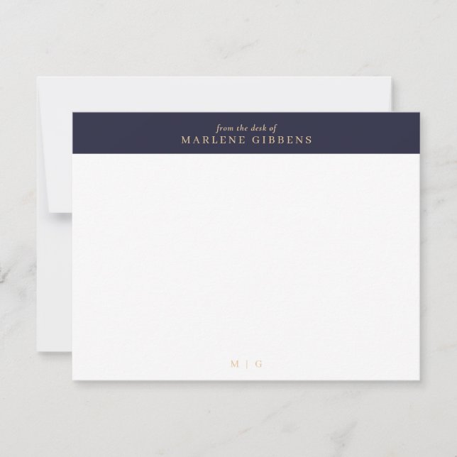 Navy blue floral gold monogram note card (Front)