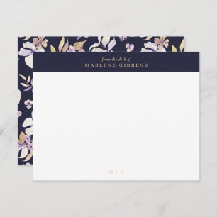 Navy blue floral gold monogram note card