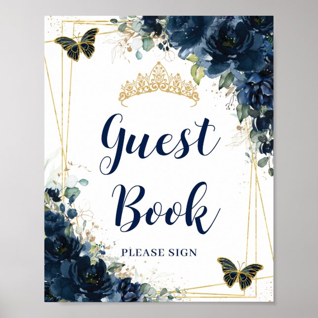 Navy Blue Floral Gold Quinceañera Guest Book Sign (Front)