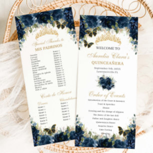 Navy Blue Floral Gold Quinceañera Order of Event Programme
