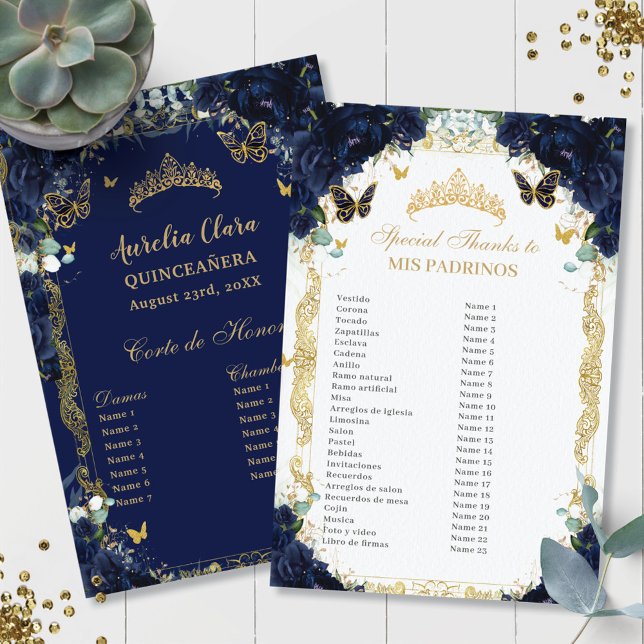 Navy Blue Floral Gold Quinceañera Padrinos Corte (rich-dark-navy-blue-roses-floral-flowers-gold-butterflies-Quinceañera-mis-padrinos-budget-sheets)