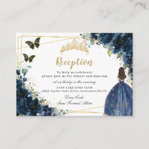 Navy Blue Floral Gold Quinceañera Reception Enclosure Card