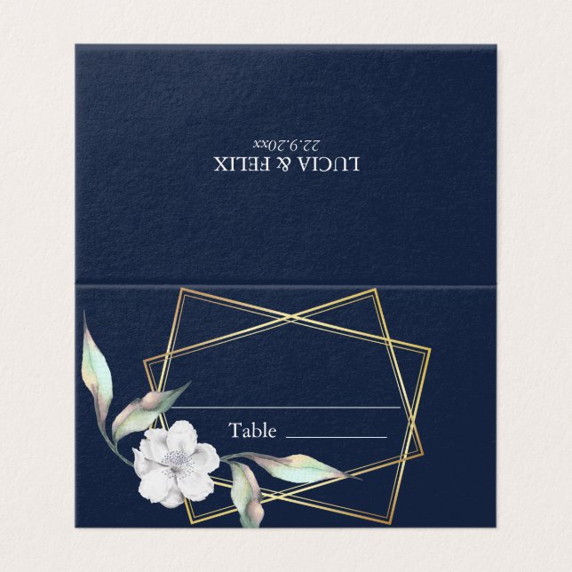 Navy Blue Floral Golden Frame Wedding Place Cards (Outside Unfolded)