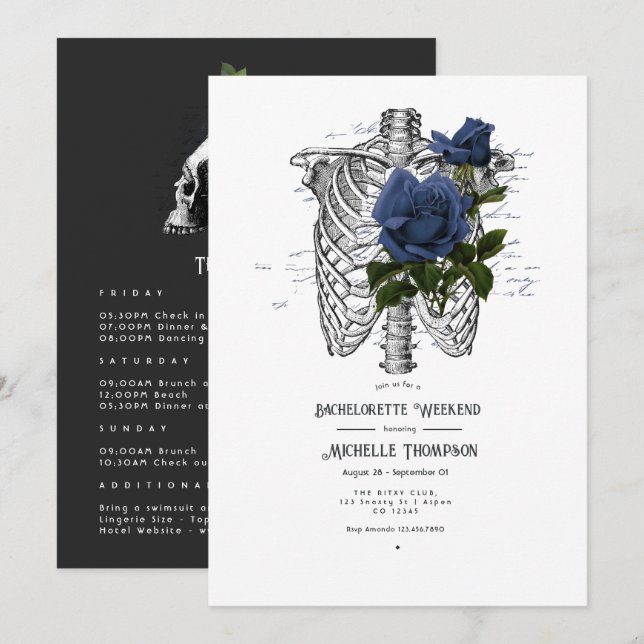 Navy Blue Floral Gothic Bachelorette Weekend Invitation (Front/Back)
