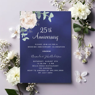Navy blue floral greenery 25th wedding anniversary invitation