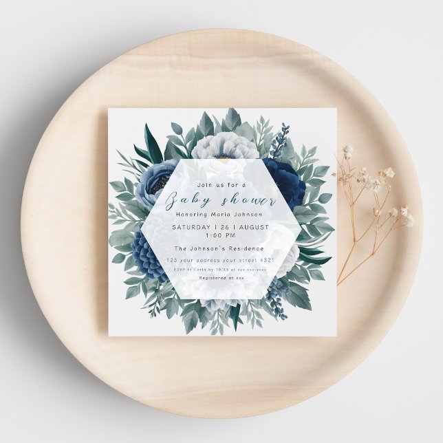 Navy blue floral greenery  baby shower invitation  (Creator Uploaded)