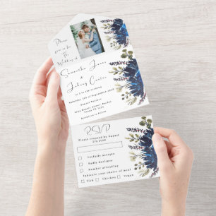 Navy Blue Floral Greenery Photo Wedding All In One Invitation