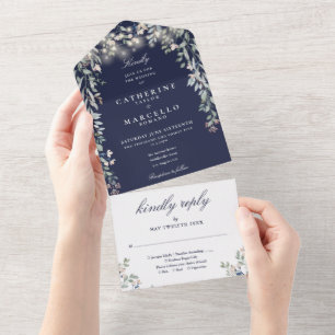 Navy Blue Floral Greenery String Lights Wedding All In One Invitation