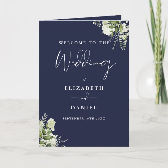 Navy Blue Floral Greenery Wedding  Programme (Front)