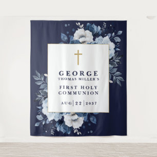 Navy Blue Floral Holy Communion Photo Backdrop Tapestry