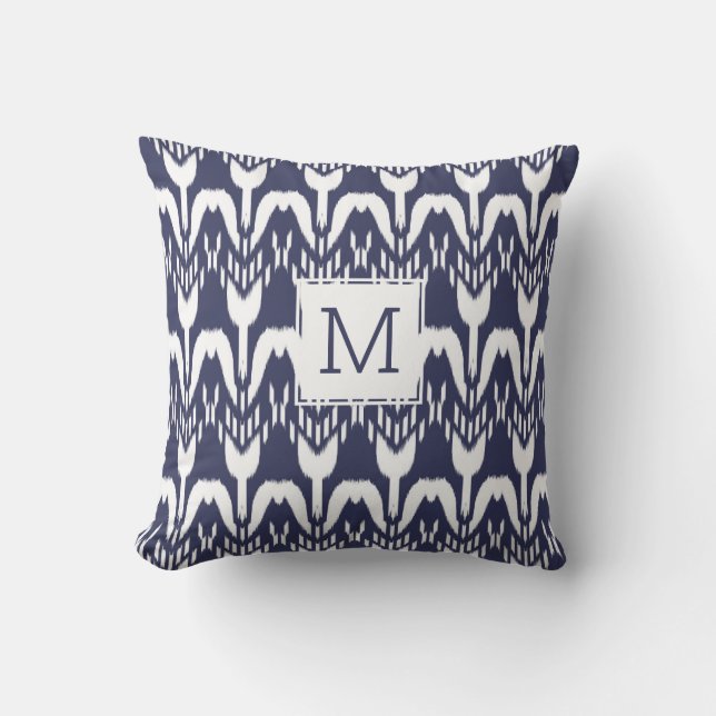 Navy Blue Floral Ikat Bohemian Monogram Cushion (Front)