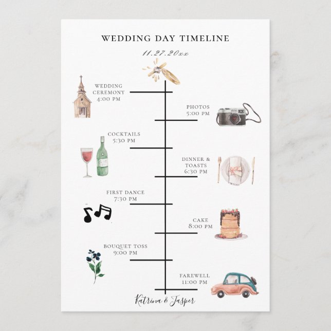 Navy Blue Floral Illustrated Wedding Timeline Programme (Front)