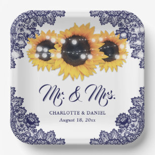 Navy Blue Floral Lace Sunflower Wedding Paper Plate