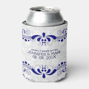 Navy Blue Floral Lace White Damasks Background Can Cooler