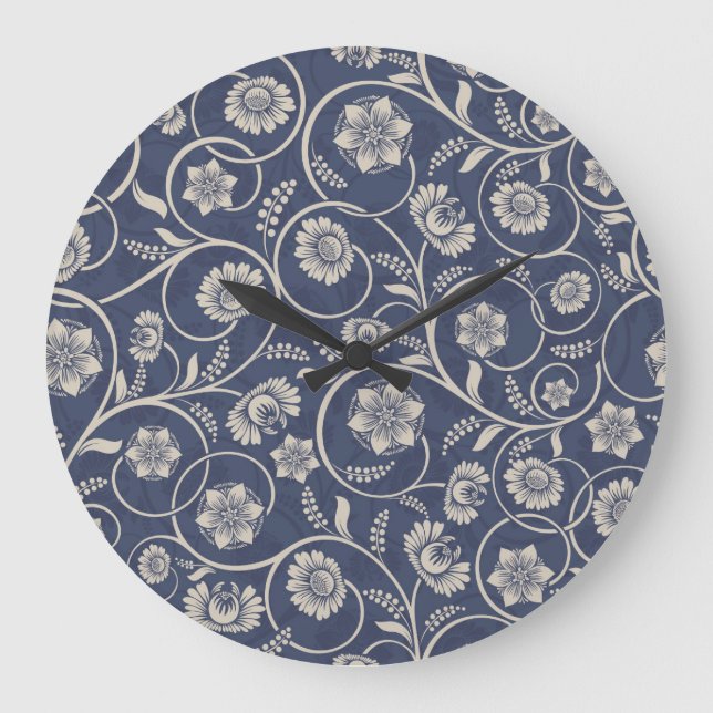 Navy Blue Floral Large Clock (Front)