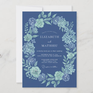 Navy Blue Floral Laurel Wedding Invitation