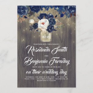 Navy Blue Floral Mason Jar Rustic Wedding Invitation