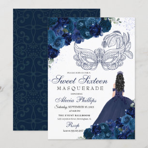 Navy Blue Floral Masquerade Sweet 16 Invitation