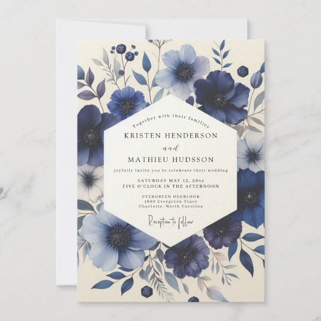 Navy Blue Floral Meadow Wedding Invitation (Front)