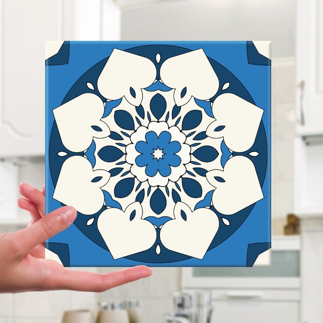 Navy Blue Floral Mediterranean Tile (Modern Mediterranean tile featuring a geometric floral star design in navy blue with ivory)