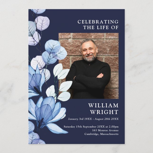 Navy Blue Floral Memorial Funeral Order Of Service Programme (Front)