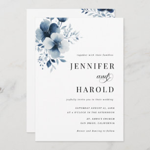 Navy Blue Floral Minimal Plain All in One Wedding Invitation