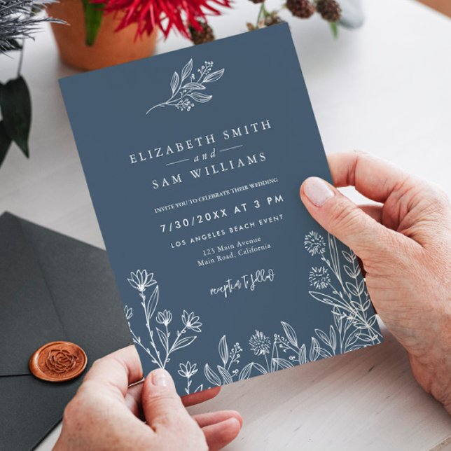 Navy Blue Floral Modern Simple Wedding Invitation (Creator Uploaded)