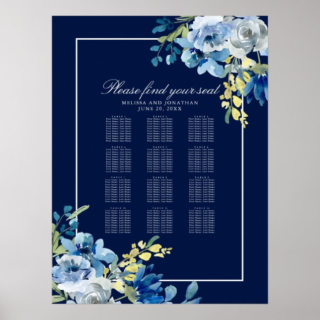 Navy Blue Floral Modern Wedding Seating Chart (Front)