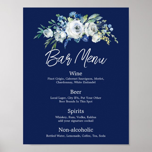 Navy Blue Floral Modern Winter Wedding Bar Menu Poster (Front)