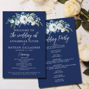 Navy Blue Floral Modern Winter Wedding Program