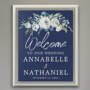 Navy Blue Floral Modern Winter Wedding Welcome Poster
