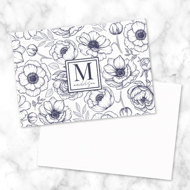 Navy Blue Floral Monogram Card (Navy Blue Floral Monogram Note Card)