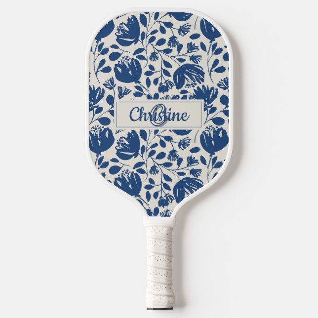 Navy Blue Floral Monogram, Custom Modern Design Pickleball Paddle (Front)