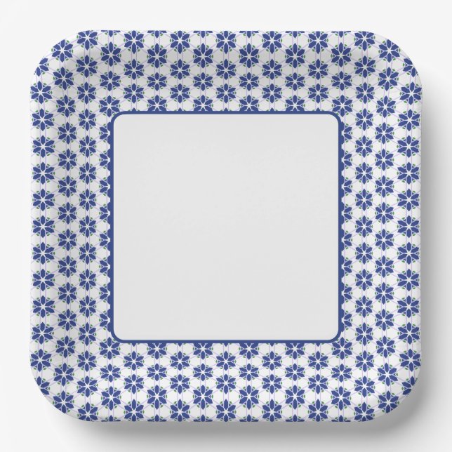Navy Blue Floral Mosaic Paper Plate (Front)