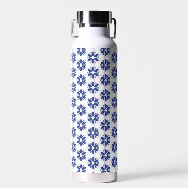 Navy Blue Floral Mosaic Water Bottle (Front)