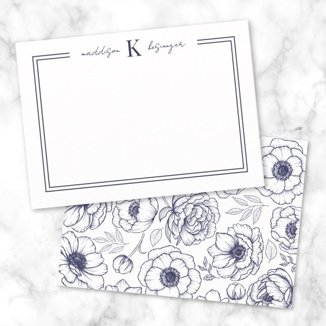 Navy Blue Floral Name Monogram Card (Navy Blue Floral Name Monogram Note Card)