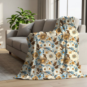 Navy Blue Floral Opulent Boho Terracotta Accent Sherpa Blanket