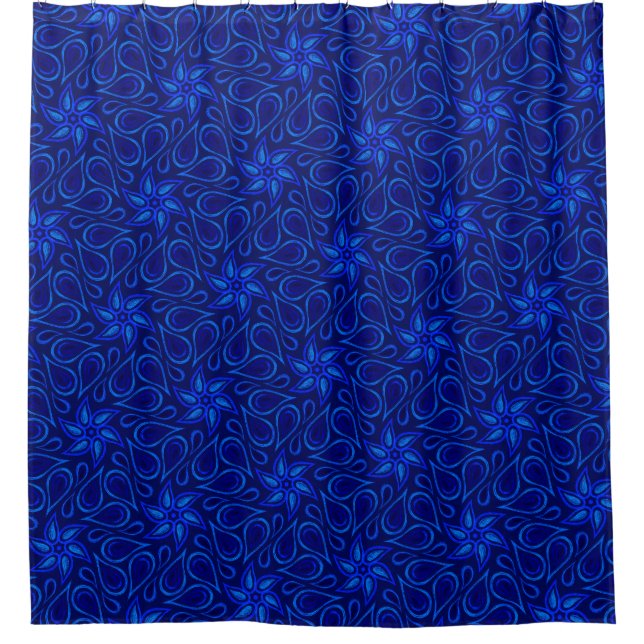 Navy Blue Floral Paisley Vibrant Flower Pattern Shower Curtain (Front)