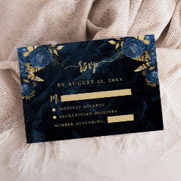 Navy Blue Floral Pale Gold Script Wedding RSVP Enclosure Card
