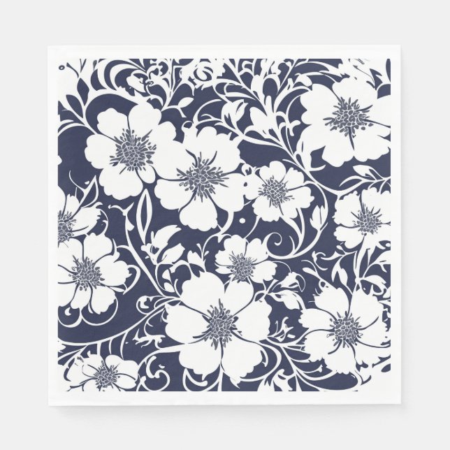 Navy Blue Floral Paper Napkins  (Front)