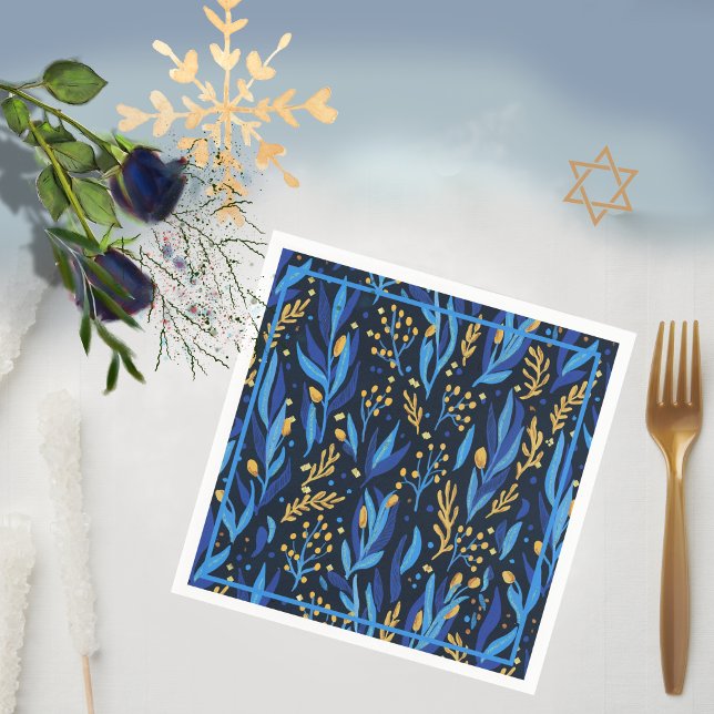 Navy Blue Floral Pattern Happy Hanukkah Napkin (Navy Blue Floral Pattern Happy Hanukkah Napkins)